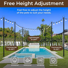 Load image into Gallery viewer, 10 Ft String Light Poles for Outside, 4 Pack Heavy-Duty Metal Poles for Outdoor Hanging Lights with Fence Brackets, Outdoor String Light Pole Stand for Patio, Backyard, Garden