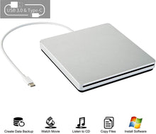 Load image into Gallery viewer, Treelen External CD DVD Drive USB C CD DVD Burner/Writer Slim Portable Slot in CD DVD Reader for MacBook Pro/Air/Mac/Laptop/Windows10 (Sliver)