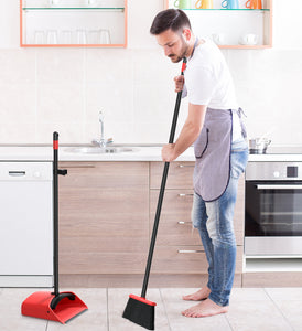 SONCAL Broom and Dustpan Set，Extendable 52" Brooms for Sweeping Indoor Broom with Dustpan Combo Set for Home Kitchen Office Lobby Floor Standing Dust Pan-Red&Black