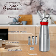 Load image into Gallery viewer, Stainless Steel Whipped Cream Dispenser Professional Whip Cream Canister Whipped Cream Maker With 3 Decorating Stainless Nozzles - N2o Chargers (Not Included) (Stainless Steel)