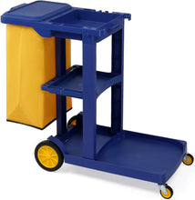 Load image into Gallery viewer, Treelen Commercial Traditional Cleaning 3-Shelf Janitorial Cart, 500 Lbs Capacity Housekeeping Cart, Wheeled with Yellow VinylBag and Cover w Lid, Blue