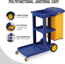 Load image into Gallery viewer, Treelen Commercial Traditional Cleaning 3-Shelf Janitorial Cart, 500 Lbs Capacity Housekeeping Cart, Wheeled with Yellow VinylBag and Cover w Lid, Blue