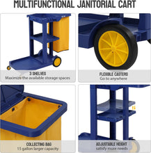 Load image into Gallery viewer, Treelen Commercial Traditional Cleaning 3-Shelf Janitorial Cart, 500 Lbs Capacity Housekeeping Cart, Wheeled with Yellow VinylBag and Cover w Lid, Blue