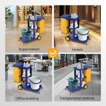 Load image into Gallery viewer, Treelen Commercial Traditional Cleaning 3-Shelf Janitorial Cart, 500 Lbs Capacity Housekeeping Cart, Wheeled with Yellow VinylBag and Cover w Lid, Blue