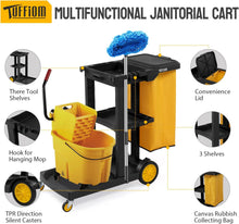 Load image into Gallery viewer, Treelen Commercial Traditional Cleaning 3-Shelf Janitorial Cart, 500 Lbs Capacity Housekeeping Cart, Wheeled with Yellow VinylBag and Cover w Lid, Black