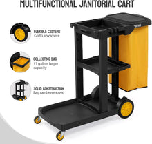 Load image into Gallery viewer, Treelen Commercial Traditional Cleaning 3-Shelf Janitorial Cart, 500 Lbs Capacity Housekeeping Cart, Wheeled with Yellow VinylBag and Cover w Lid, Black