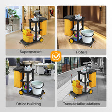 Load image into Gallery viewer, Treelen Commercial Traditional Cleaning 3-Shelf Janitorial Cart, 500 Lbs Capacity Housekeeping Cart, Wheeled with Yellow VinylBag and Cover w Lid, Black