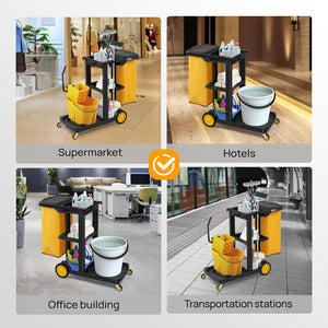 Treelen Commercial Traditional Cleaning 3-Shelf Janitorial Cart, 500 Lbs Capacity Housekeeping Cart, Wheeled with Yellow VinylBag and Cover w Lid, Black