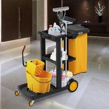 Load image into Gallery viewer, Treelen Commercial Traditional Cleaning 3-Shelf Janitorial Cart, 500 Lbs Capacity Housekeeping Cart, Wheeled with Yellow VinylBag and Cover w Lid, Black