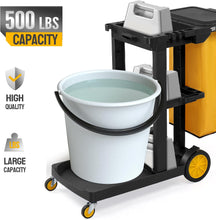 Load image into Gallery viewer, Treelen Commercial Traditional Cleaning 3-Shelf Janitorial Cart, 500 Lbs Capacity Housekeeping Cart, Wheeled with Yellow VinylBag and Cover w Lid, Black