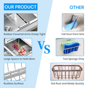 Sink Caddy Sponge Holder Sponge Organizer Caddy Rag Detergent Brush Dishwashing Liquid Rack Expandable 14-3/4" to 20" Stainless Steel