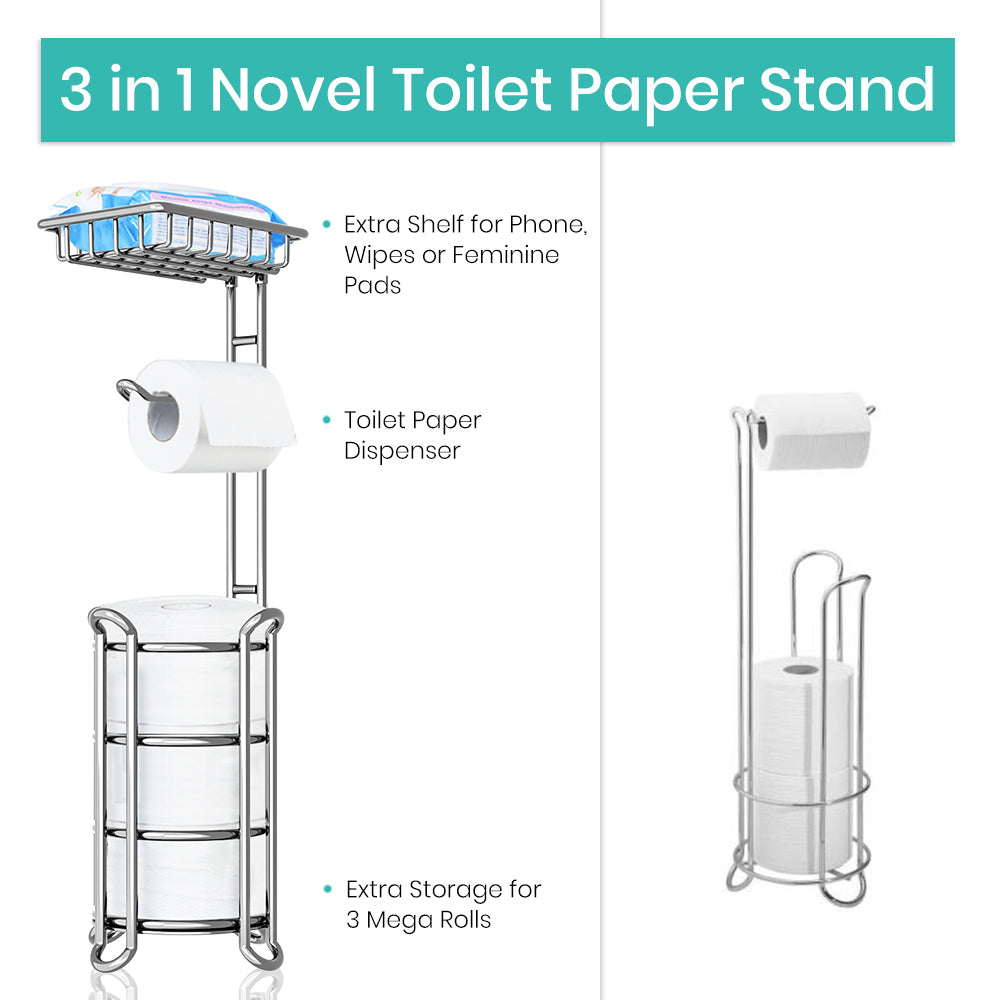 Toilet Paper Stand With Shelf and Extra Storage 3 Rolls Paper 