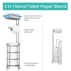 TreeLen Toilet Paper Holder Stand Toilet Tissue Roll Holder with Shelf for Bathroom Storage Holds Phone/Wipe/Mega Rolls-Shiny Chrome