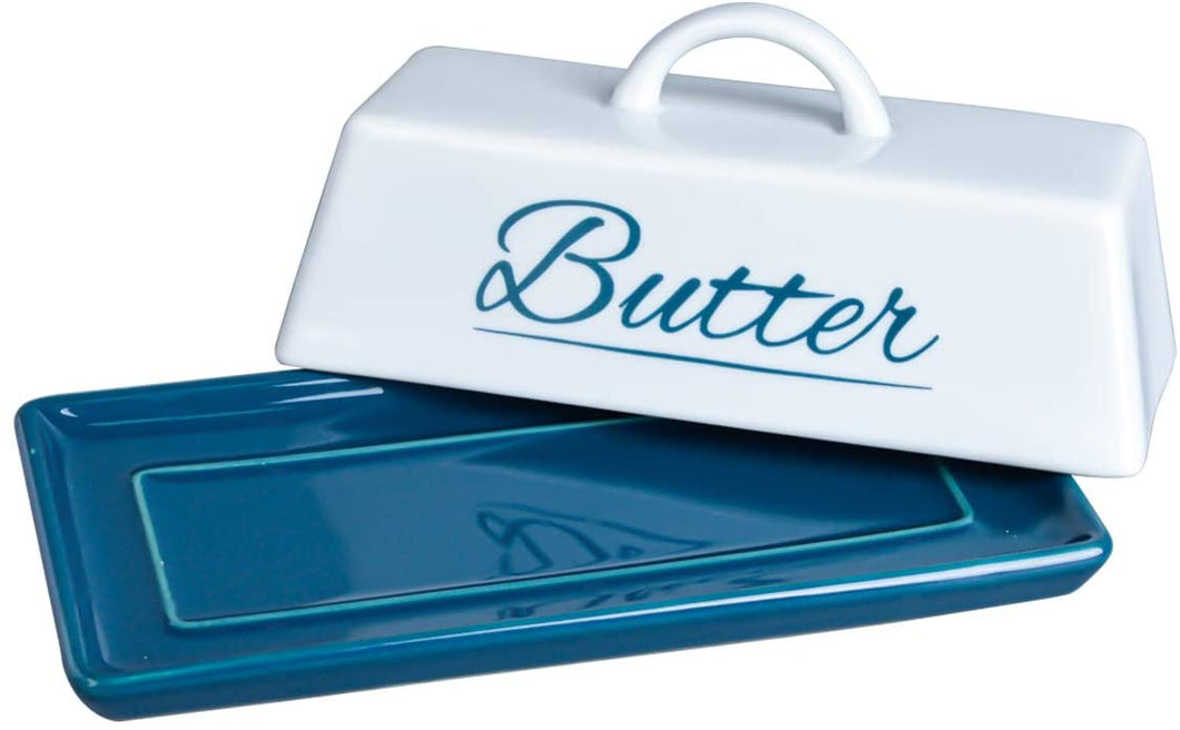 Butter Dish Ceramic Porcelain Butter Keeper Butter dish with Lid and Handle for Countertop Refrigerator Perfect for East West Coast Butter Navy Blue