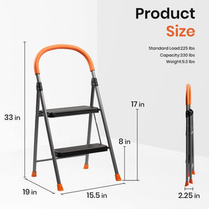 2-Step Ladder, 330lbs Capacity Folding Metal Step Stool for Adults, Portable Step Ladder, Anti-Slip, Sturdy （New Color）
