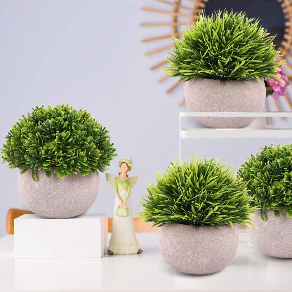 faux potted plants small 4 Packs Artificial Mini Potted Plants Plastic Faux Topiary Shrubs Fake – TreeLen