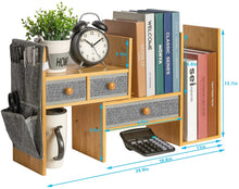 Load image into Gallery viewer, Bamboo Expandable Desktop Bookshelf Counter Bookcase Adjustable with Drawers Desktop Shelves Rack Storage Organizer for Office Supplies,Makeup,Bamboo.Petent Pendin