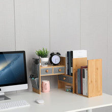 Load image into Gallery viewer, Bamboo Expandable Desktop Bookshelf Counter Bookcase Adjustable with Drawers Desktop Shelves Rack Storage Organizer for Office Supplies,Makeup,Bamboo.Petent Pendin
