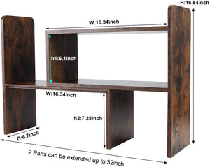 Desktop Bookshelf Adjustable Countertop Bookcase Office Supplies Wood Desk Organizer Accessories Display Rack, Antique Brown