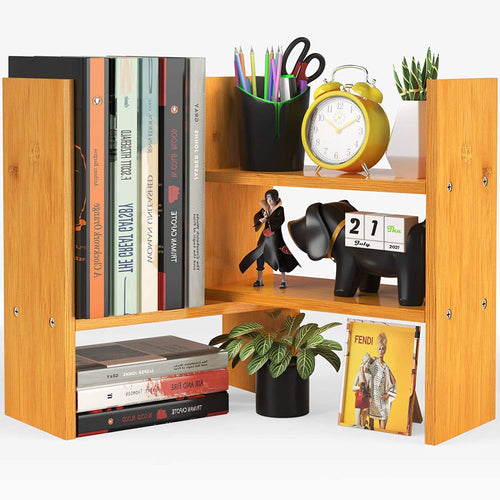 Bamboo Desktop Bookshelf Organizer, Large Office Desk Storage Shelf Rack, Natural Wood Adjustable Tabletop Display Corner Countertop Bookcase Shelves for Office Supplies, Home Decor, Kitchen