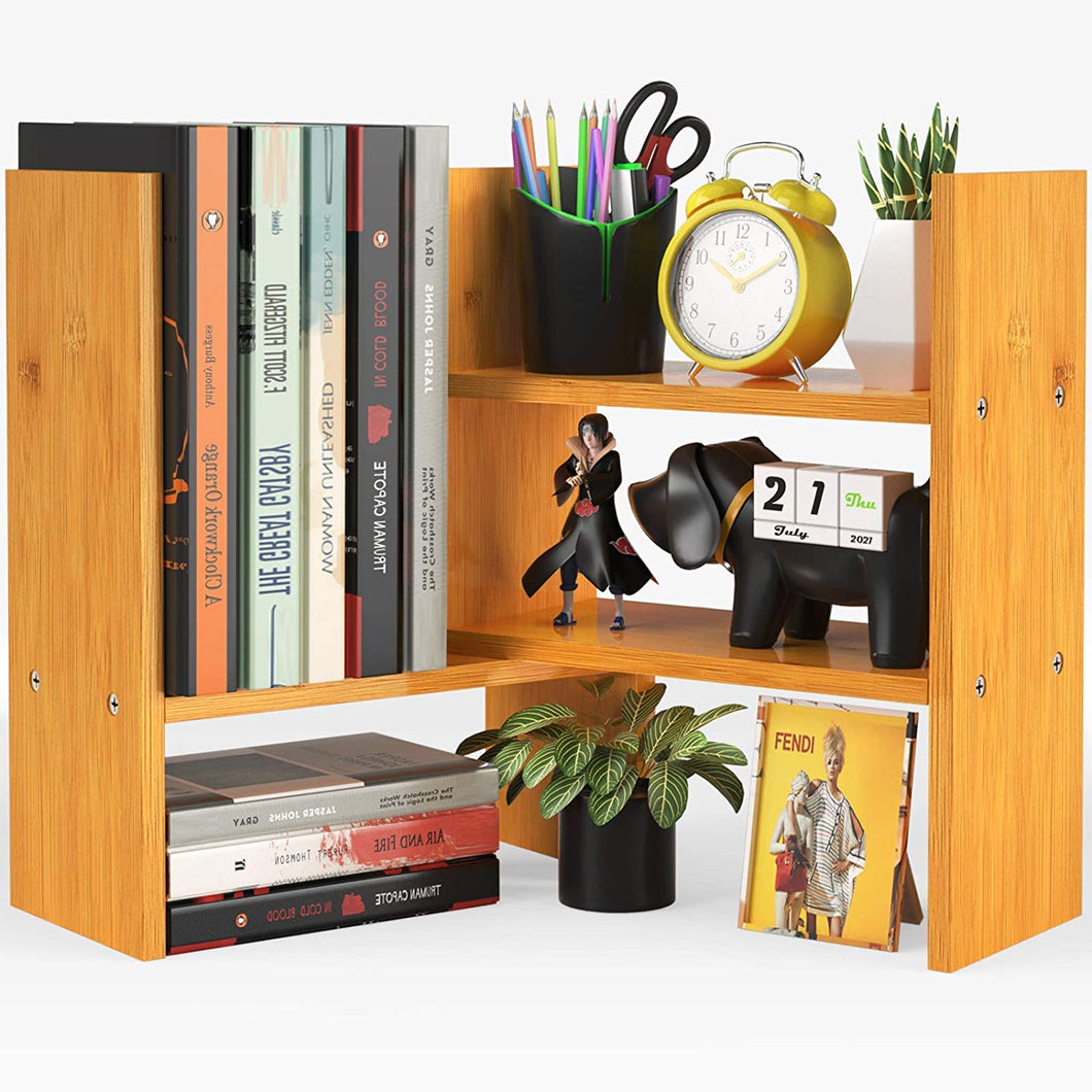 Bamboo Desktop Bookshelf Organizer, Large Office Desk Storage Shelf Rack, Natural Wood Adjustable Tabletop Display Corner Countertop Bookcase Shelves for Office Supplies, Home Decor, Kitchen