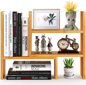 Bamboo Desktop Bookshelf Organizer, Large Office Desk Storage Shelf Rack, Natural Wood Adjustable Tabletop Display Corner Countertop Bookcase Shelves for Office Supplies, Home Decor, Kitchen