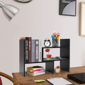 Wood Adjustable Desktop Storage Organizer Display Shelf Rack, Office Supplies Desk Organizer,Black
