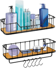 Load image into Gallery viewer, Floating Shelves for Bathroom Wall Shelf with Towel Bar and 5 Hooks Rustic Mounted Wood Shelving Storage Rack- Carbonized Black-Set of 2