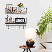 Load image into Gallery viewer, Floating Shelves for Bathroom Wall Shelf with Towel Bar and 5 Hooks Rustic Mounted Wood Shelving Storage Rack- Carbonized Black-Set of 2