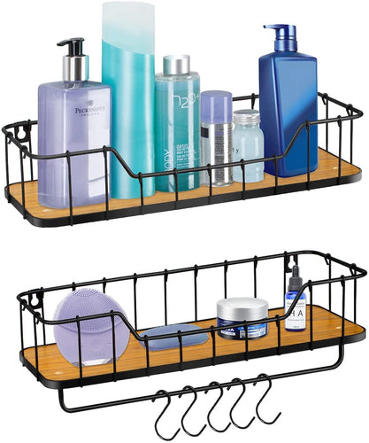 Floating Shelves for Bathroom Wall Shelf with Towel Bar and 5 Hooks Rustic Mounted Wood Shelving Storage Rack- Carbonized Black-Set of 2