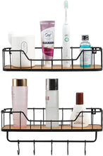 Load image into Gallery viewer, Floating Shelves for Bathroom Wall Shelf with Towel Bar and 5 Hooks Rustic Mounted Wood Shelving Storage Rack- Carbonized Black-Set of 2