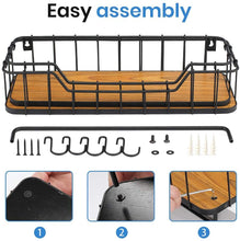 Load image into Gallery viewer, Floating Shelves for Bathroom Wall Shelf with Towel Bar and 5 Hooks Rustic Mounted Wood Shelving Storage Rack- Carbonized Black-Set of 2