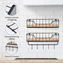 Load image into Gallery viewer, Floating Shelves for Bathroom Wall Shelf with Towel Bar and 5 Hooks Rustic Mounted Wood Shelving Storage Rack- Carbonized Black-Set of 2