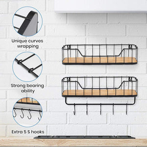 Floating Shelves for Bathroom Wall Shelf with Towel Bar and 5 Hooks Rustic Mounted Wood Shelving Storage Rack- Carbonized Black-Set of 2