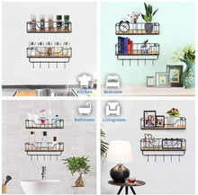 Load image into Gallery viewer, Floating Shelves for Bathroom Wall Shelf with Towel Bar and 5 Hooks Rustic Mounted Wood Shelving Storage Rack- Carbonized Black-Set of 2