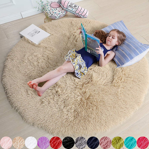Beige Round Rug for Bedroom,Fluffy Circle Rug for Kids Room,Furry Carpet for Teen's Room,Shaggy Circular Rug for Nursery Room