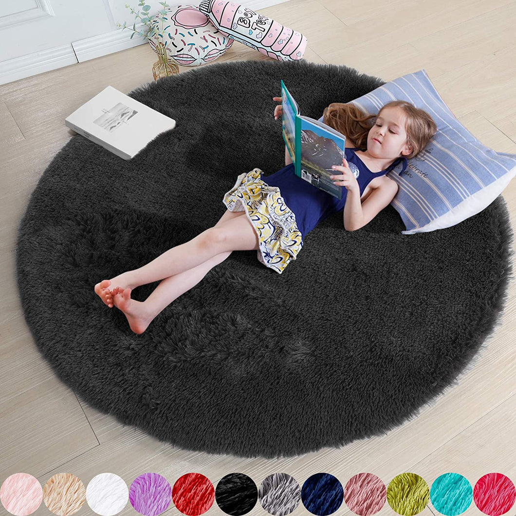 Black Round Rug for Bedroom,Fluffy Circle Rug for Kids Room,Furry Carpet for Teen's Room,Shaggy Circular Rug for Nursery Room