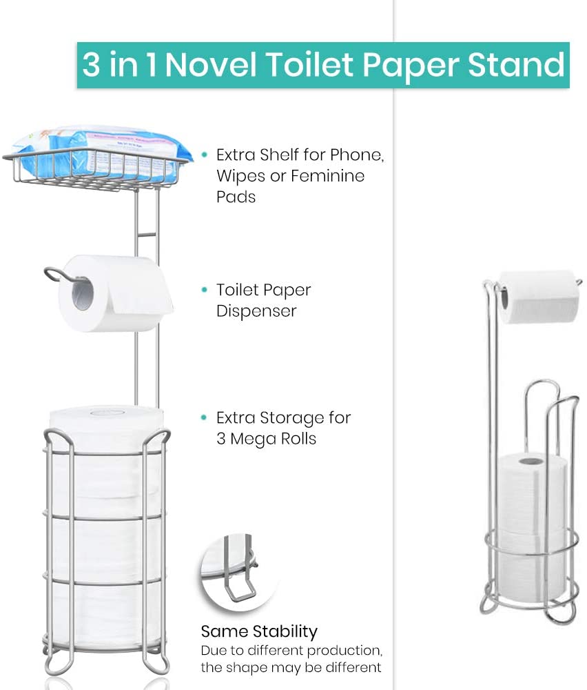 TreeLen Toilet Paper Holder Stand Toilet Tissue Roll Holder with Shelf for  Bathroom Storage Holds Phone/ Wipe/ Mega Rolls-Shiny Chrome A-shiny Chrome