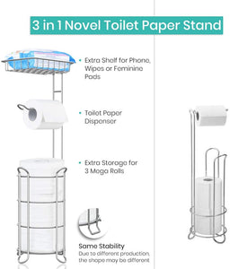 Toilet Paper Holder Stand Bathroom Tissue Dispenser Holders Rack Free Standing with Extra Shelf Storage Mega Rolls/Phone/Wipe - Light Gray