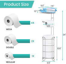 Load image into Gallery viewer, Toilet Paper Holder Stand Bathroom Tissue Dispenser Holders Rack Free Standing with Extra Shelf Storage Mega Rolls/Phone/Wipe - Light Gray