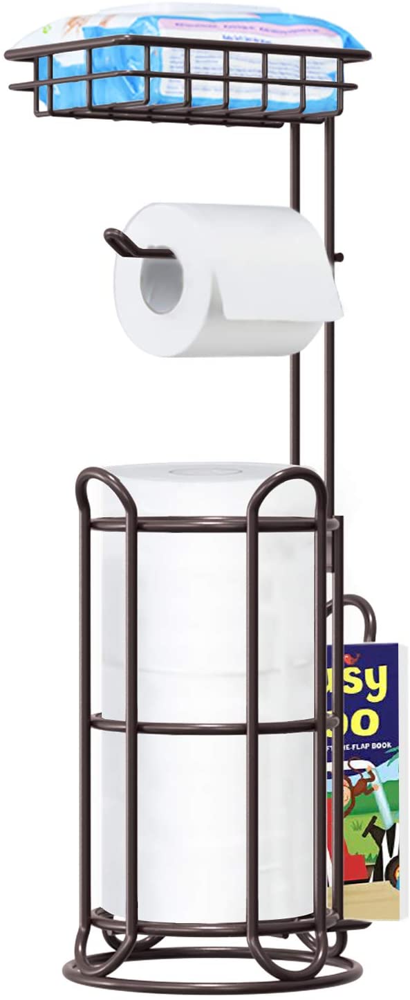 TreeLen [Upgrade] Toilet Paper Holder Stand with Shelf Tissue Holders for Bathroom FreeStanding Bath Tissue Roll Holder for Mega Rolls/Phone/Wipe/Magazine-Bronze
