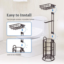 Load image into Gallery viewer, TreeLen [Upgrade] Toilet Paper Holder Stand with Shelf Tissue Holders for Bathroom FreeStanding Bath Tissue Roll Holder for Mega Rolls/Phone/Wipe/Magazine-Bronze
