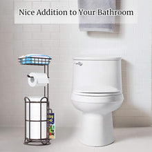 Load image into Gallery viewer, TreeLen [Upgrade] Toilet Paper Holder Stand with Shelf Tissue Holders for Bathroom FreeStanding Bath Tissue Roll Holder for Mega Rolls/Phone/Wipe/Magazine-Bronze