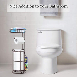 TreeLen [Upgrade] Toilet Paper Holder Stand with Shelf Tissue Holders for Bathroom FreeStanding Bath Tissue Roll Holder for Mega Rolls/Phone/Wipe/Magazine-Bronze