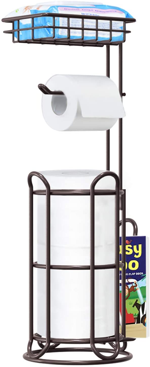 TreeLen Toilet Paper Stand, Bathroom Tissue Holder Freestanding, Stand Up Toilet Tissue Dispenser with Storage for Larger Rolls- Bronze