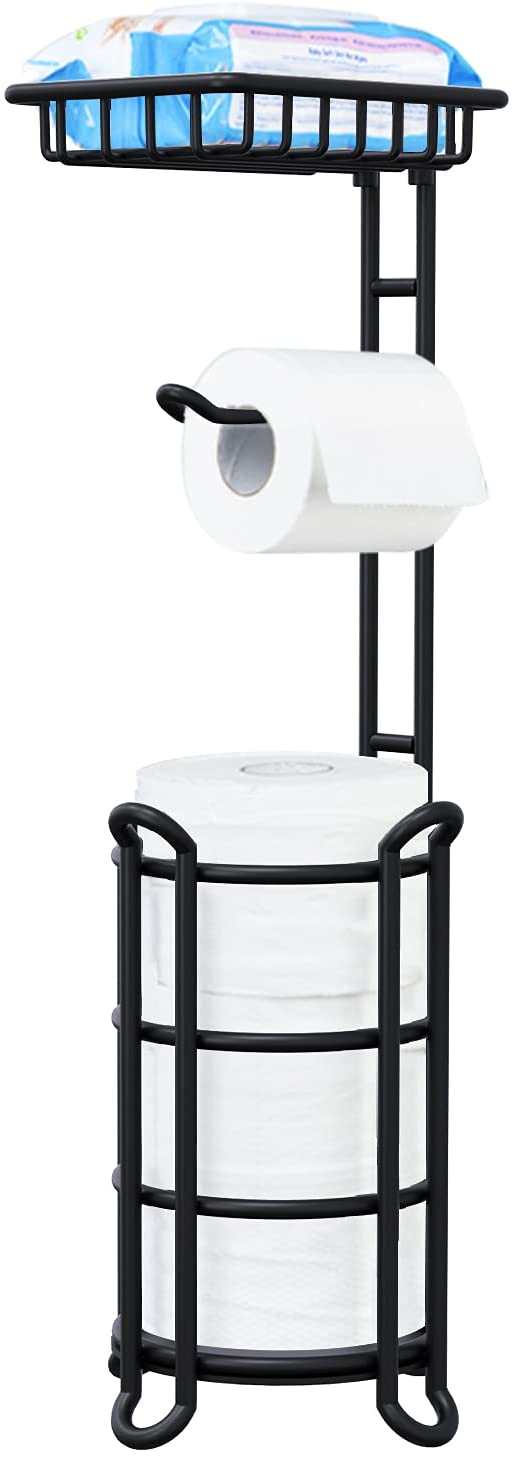 Toilet Paper Holder Stand Tissue Paper Roll Dispenser with Shelf for Bathroom Storage Holds Reserve Mega Rolls-Matte Black