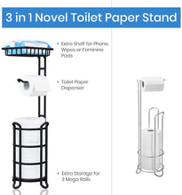 Load image into Gallery viewer, Toilet Paper Holder Stand Tissue Paper Roll Dispenser with Shelf for Bathroom Storage Holds Reserve Mega Rolls-Matte Black