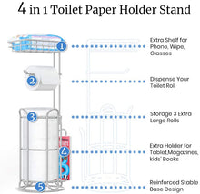 Load image into Gallery viewer, TreeLen Toilet Paper Holder Stand Tissue Holder for Bathroom Freestanding with Shelf Storage Mega Rolls//Phone/Wipe/Tablet/Books-Silver Gray
