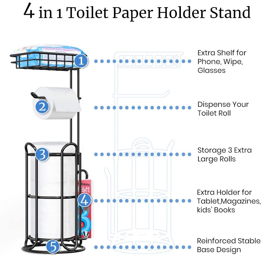 TreeLen Toilet Paper Holder Stand Toilet Tissue Roll Holder with Shelf for Bathroom Storage Holds Phone/ Wipe/ Mega Rolls-Shiny