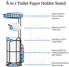 Load image into Gallery viewer, TreeLen Toilet Paper Holder Stand Bathroom Tissue Roll Holders Freestanding with Shelf Storage Large Rolls/Phone/Wipe/Tablet/Magazine-Black